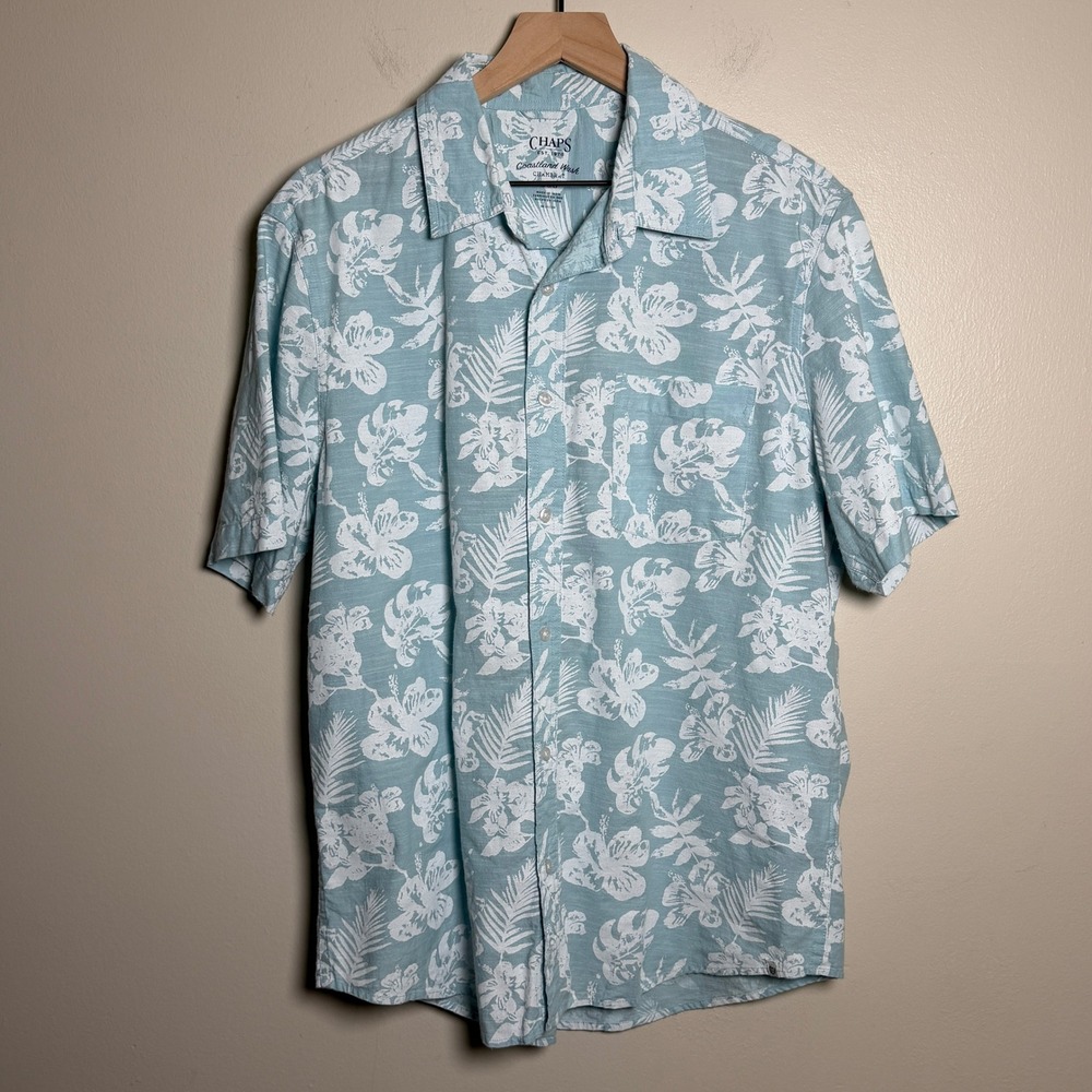 Chaps Mens Cotton Button Up Shirt Large Blue Floral Chambray Coastal Tropical